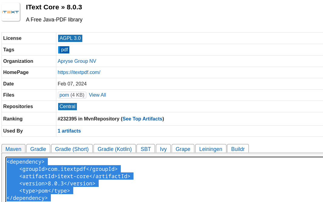 Maven
      iText library pom.xml
      definition